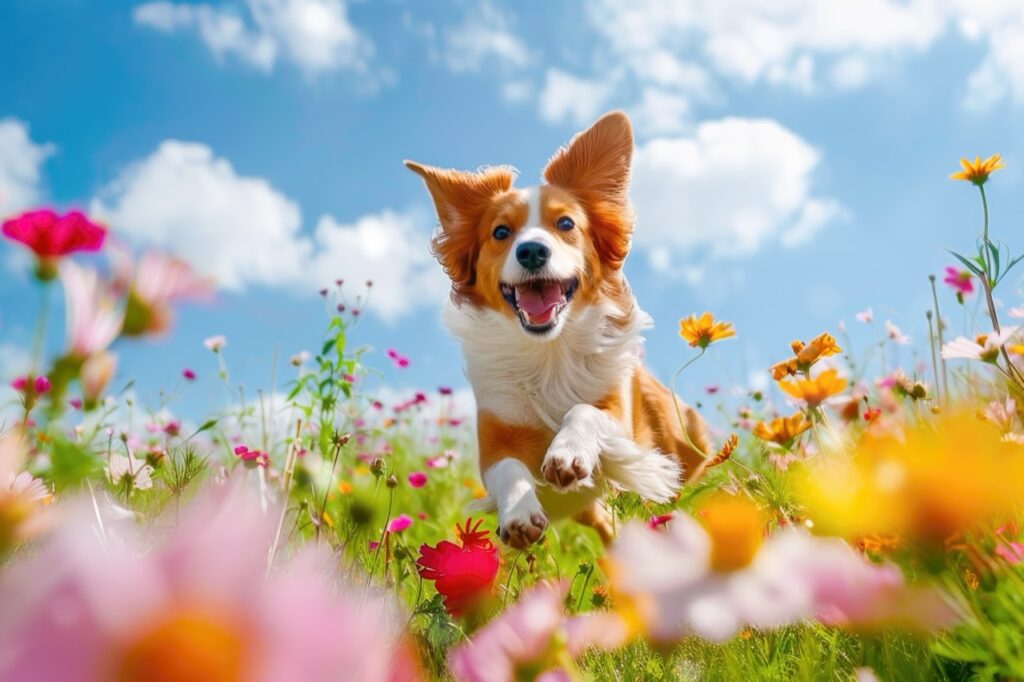 Joyful Leap Through Blossoms